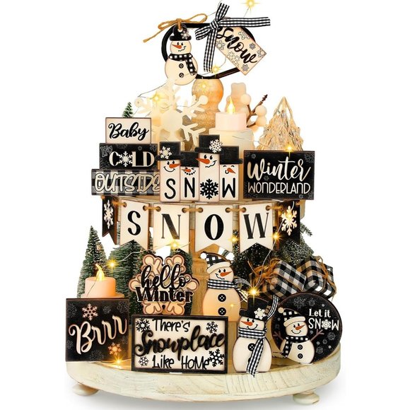 24 Pcs Black White Distressed Style Set Let It Snow Snowflake Wooden Tray Decor - Picture 1 of 7
